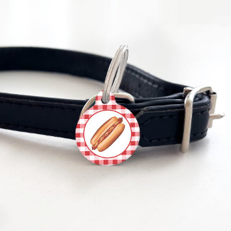 Hot Dog Fast Food Snack On Red Gingham Pet ID Tag