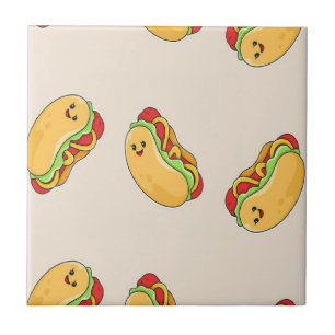 Hot dog food character on pink ceramic tile