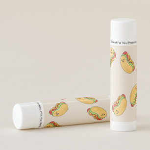 Hot dog food character on pink lip balm