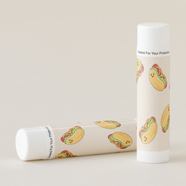 Hot dog food character on pink lip balm (Front)