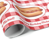 Hot Dog Food On Red Gingham And Custom Text Wrapping Paper (Roll Corner)