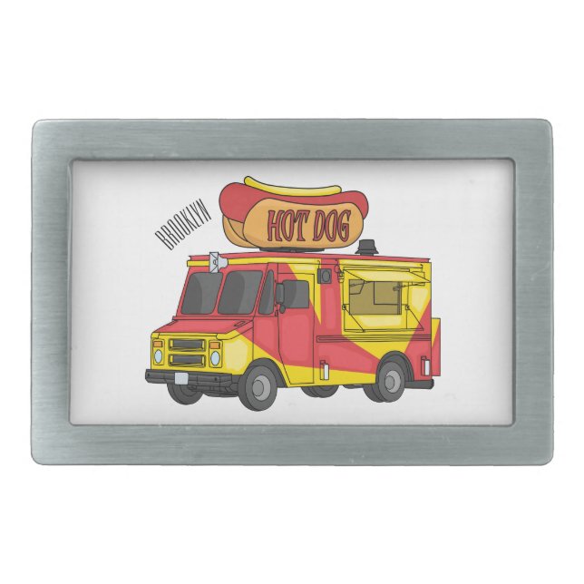 Hot dog food truck cartoon illustration belt buckle (Front)