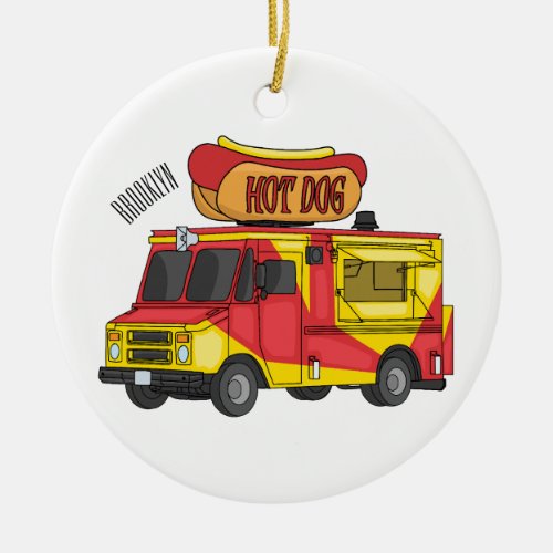 Hot dog food truck cartoon illustration ceramic ornament