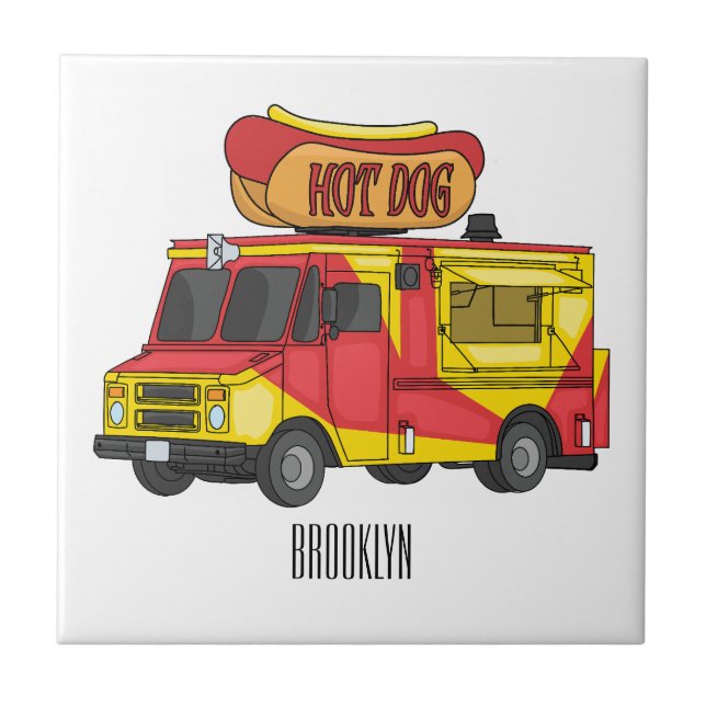 Hot dog food truck cartoon illustration ceramic tile (Front)