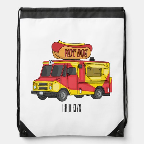 Hot dog food truck cartoon illustration drawstring bag