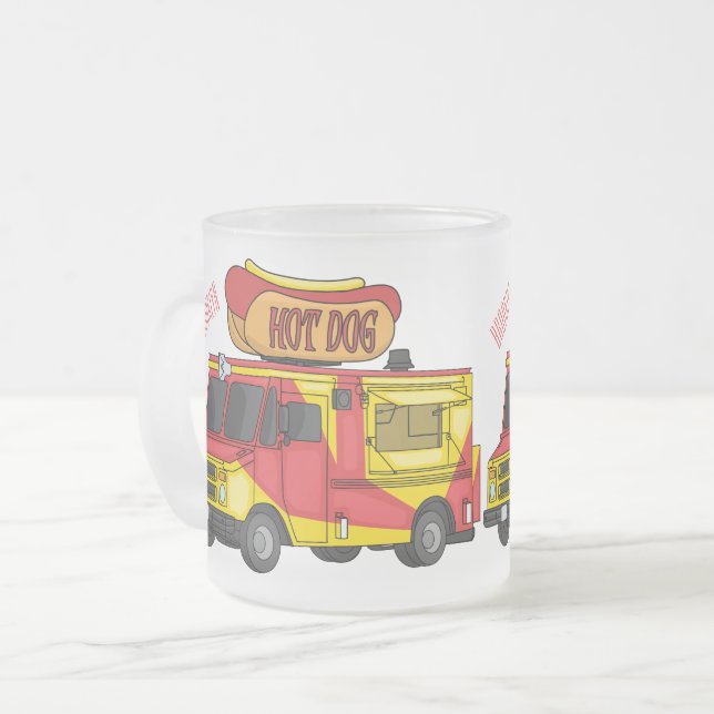 Hot dog food truck cartoon illustration frosted glass coffee mug (Front Left)