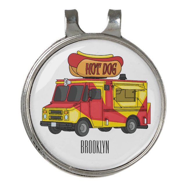 Hot dog food truck cartoon illustration golf hat clip (Front)