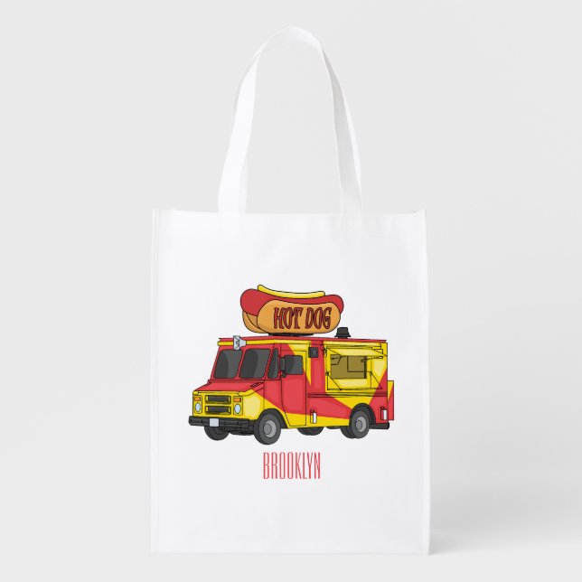 Hot dog food truck cartoon illustration grocery bag (Front)