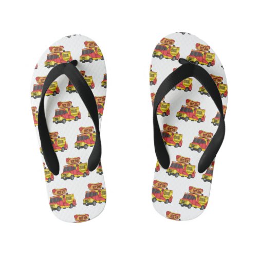 Hot dog food truck cartoon illustration kids flip flops