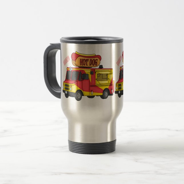 Hot dog food truck cartoon illustration travel mug (Front Left)