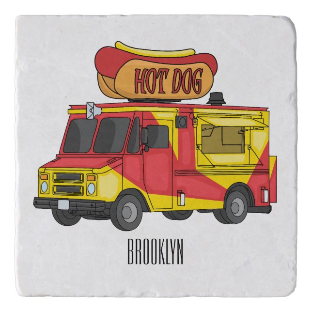 Hot dog food truck cartoon illustration trivet (Front)