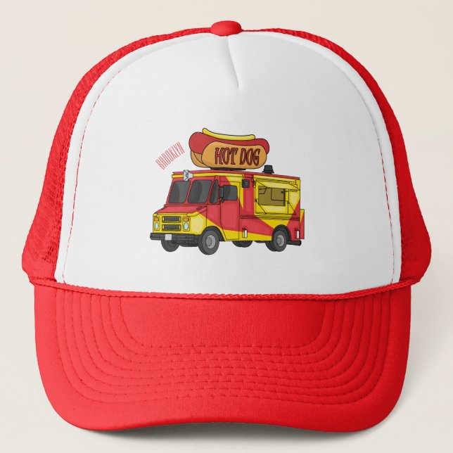 Hot dog food truck cartoon illustration trucker hat (Front)