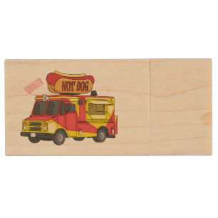 Hot dog food truck cartoon illustration wood flash drive