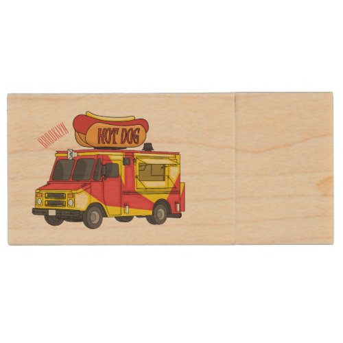 Hot dog food truck cartoon illustration wood flash drive