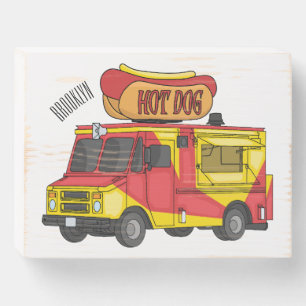Hot dog food truck cartoon illustration wooden box sign
