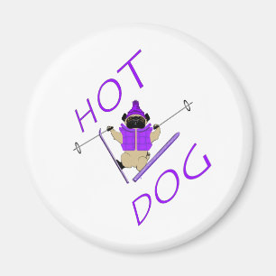 Hot Dog Funny Skiing Pug Purple Jacket and Skis Magnet
