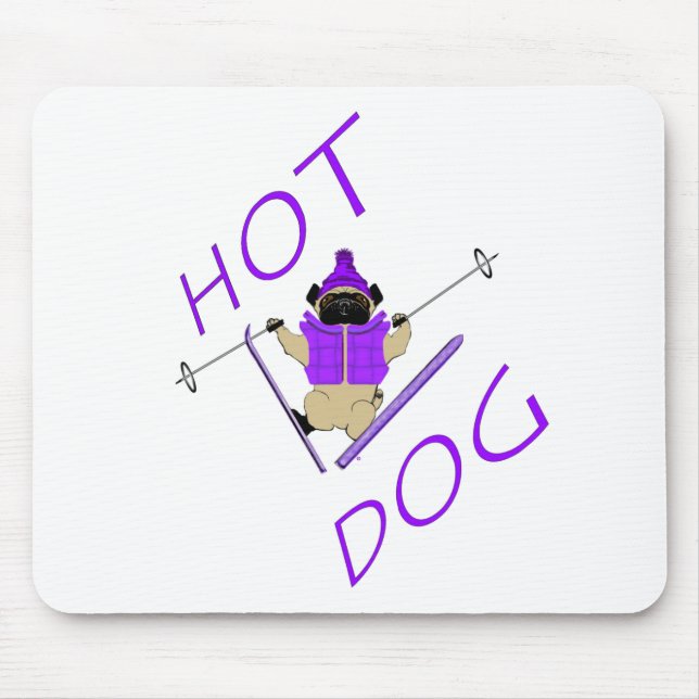 Hot Dog Funny Skiing Pug Purple Jacket and Skis Mouse Pad (Front)