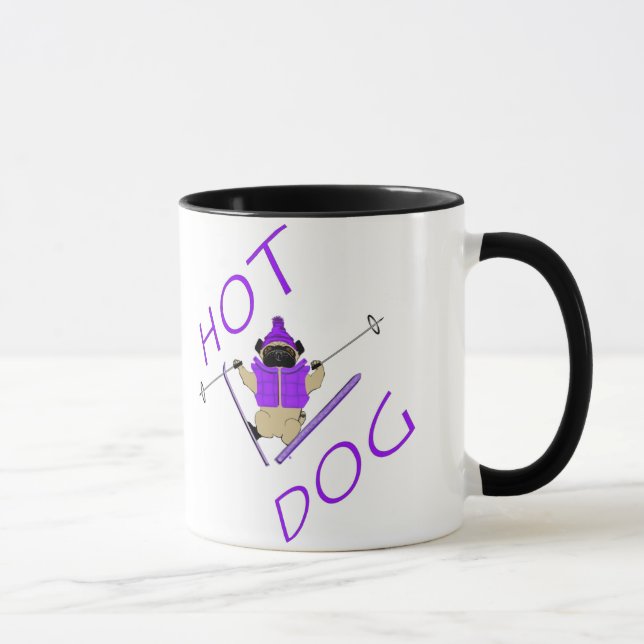 Hot Dog Funny Skiing Pug Purple Jacket and Skis Mug (Right)