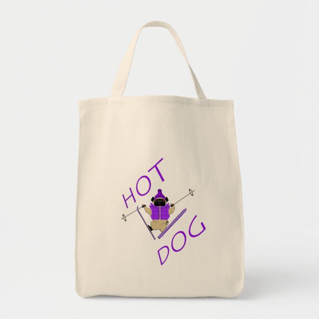 Hot Dog Funny Skiing Pug Purple Jacket and Skis Tote Bag (Front)
