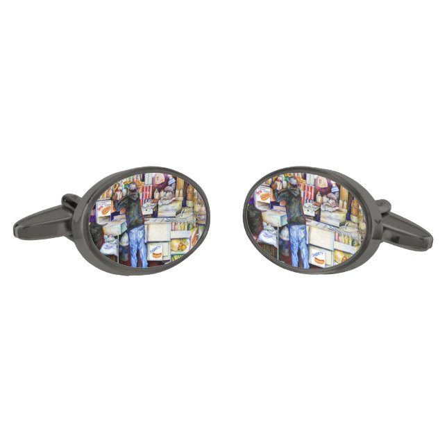 Hot Dog God, New York Gunmetal Finish Cufflinks (Angled)