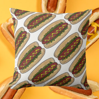 Hot Dog Hotdog Frank Wiener Relish Mustard Bun  Throw Pillow by rebeccaheartsny at Zazzle