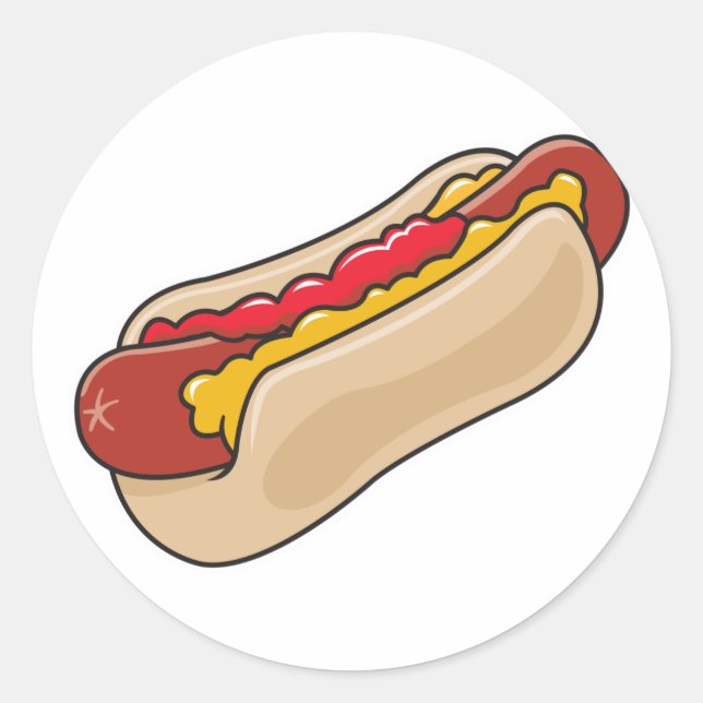 hot dog in bun with ketchup and mustard graphic classic round sticker (Front)