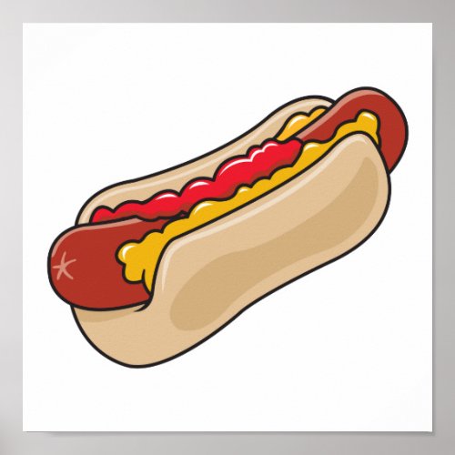 hot dog in bun with ketchup and mustard graphic poster