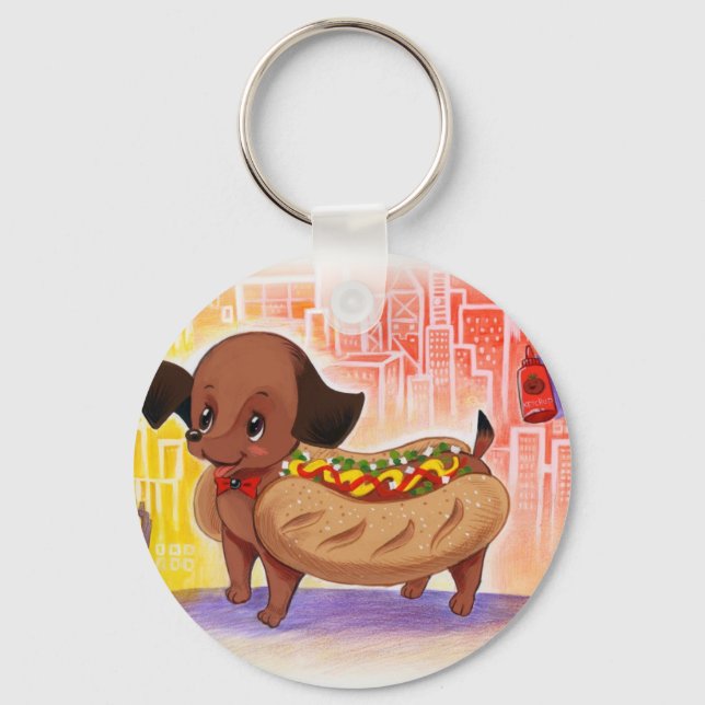 Hot Dog In The City Kitschy Cute Keychain (Front)