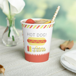 HOT DOG! Modern Red & Yellow Birthday Paper Cups