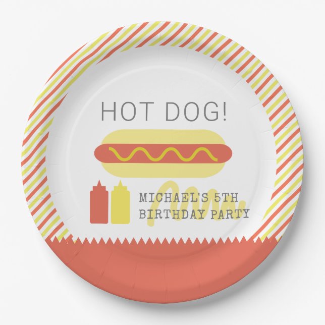 HOT DOG! Modern Red & Yellow Birthday Paper Plates (Front)