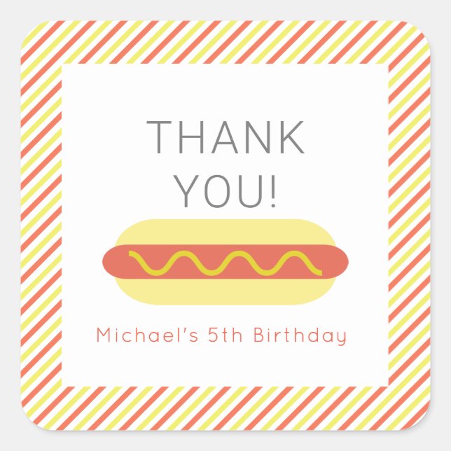 Hot Dog Modern Red Yellow Kids Birthday Thank You Square Sticker (Front)