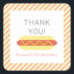 Hot Dog Modern Red Yellow Kids Birthday Thank You Square Sticker<br><div class="desc">This simple and modern kid's birthday thank you sticker features a hot dogon a white background framed by red and yellow diagonal stripes. Personalize for your needs. You can find more matching products at my store.</div>