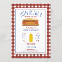 Hot Dog Mustard Red Gingham 4th of July Party Invitation