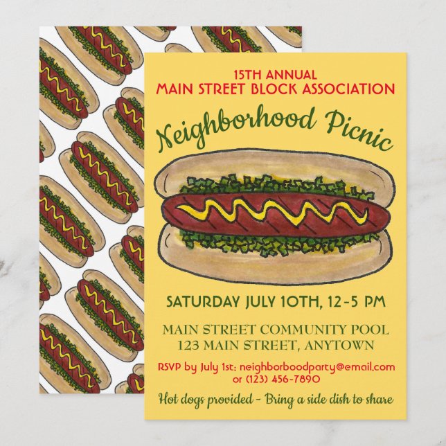 Hot Dog Neighborhood Reunion Picnic Cookout Party Invitation (Front/Back)