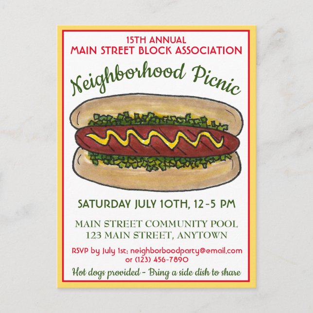 Hot Dog Neighborhood Reunion Picnic Cookout Party Invitation Postcard (Front)