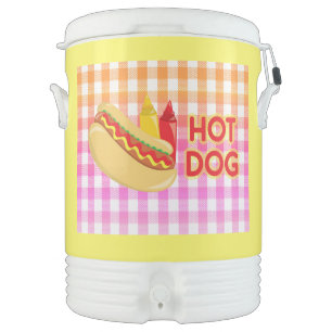 Hot Dog on Gingham Picnic Tablecloth w/ Condiments Beverage Cooler