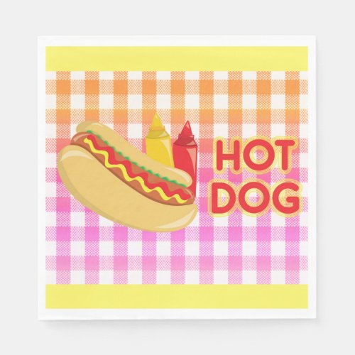 Hot Dog on Gingham Picnic Tablecloth w Condiments Napkins