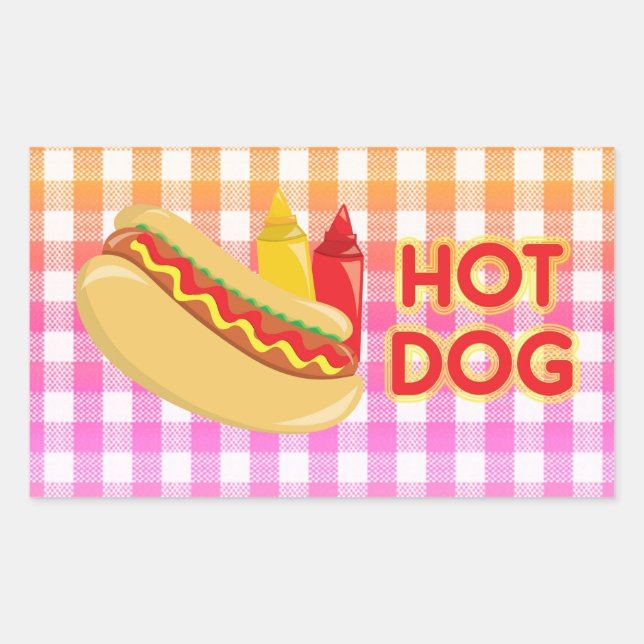 Hot Dog on Gingham Picnic Tablecloth w/ Condiments Rectangular Sticker (Front)