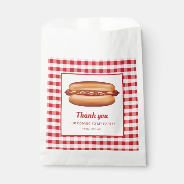 Hot Dog On Red Gingham Birthday Thank You Favor Bag (Front)