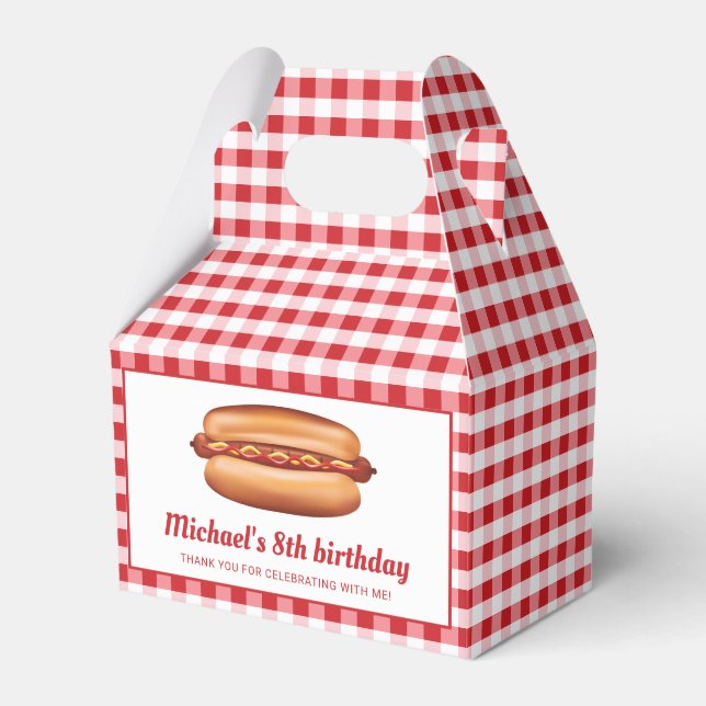 Hot Dog On Red Gingham Birthday Thank You Favor Boxes (Front Side)