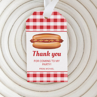 Hot Dog On Red Gingham Birthday Thank You Gift Tags