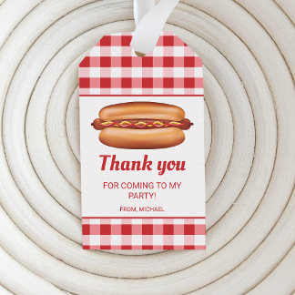 Hot Dog On Red Gingham Birthday Thank You Gift Tags