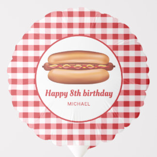 Hot Dog On Red Gingham Pattern Happy Birthday Balloon