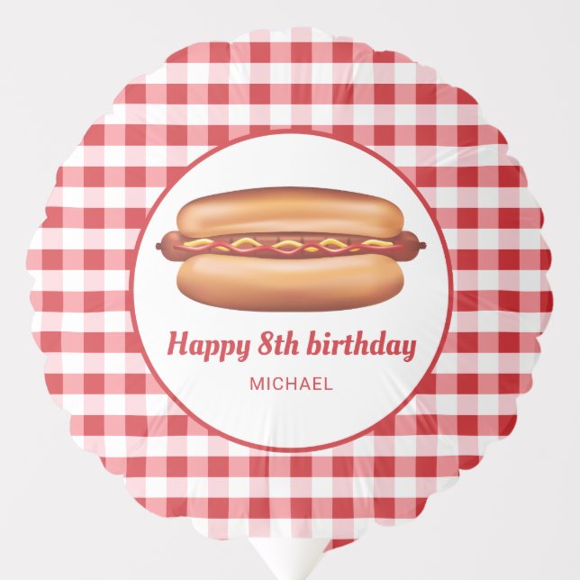 Hot Dog On Red Gingham Pattern Happy Birthday Balloon (Front)
