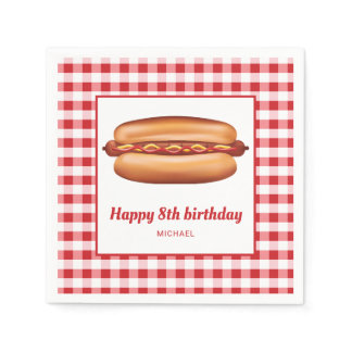 Hot Dog On Red Gingham Pattern Happy Birthday Napkins
