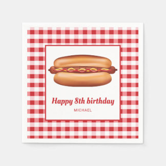 Hot Dog On Red Gingham Pattern Happy Birthday Napkins