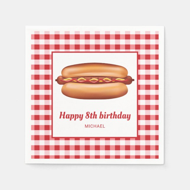 Hot Dog On Red Gingham Pattern Happy Birthday Napkins (Front)