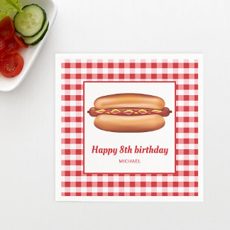 Hot Dog On Red Gingham Pattern Happy Birthday Napkins