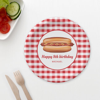 Hot Dog On Red Gingham Pattern Happy Birthday Paper Plates