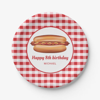 Hot Dog On Red Gingham Pattern Happy Birthday Paper Plates